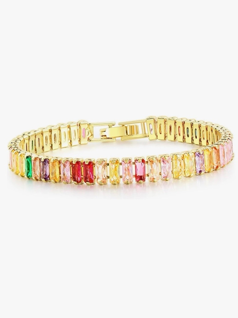 NEW 14K Gold Plated Gold-Tone Multicolor Baguette Tennis Bracelet